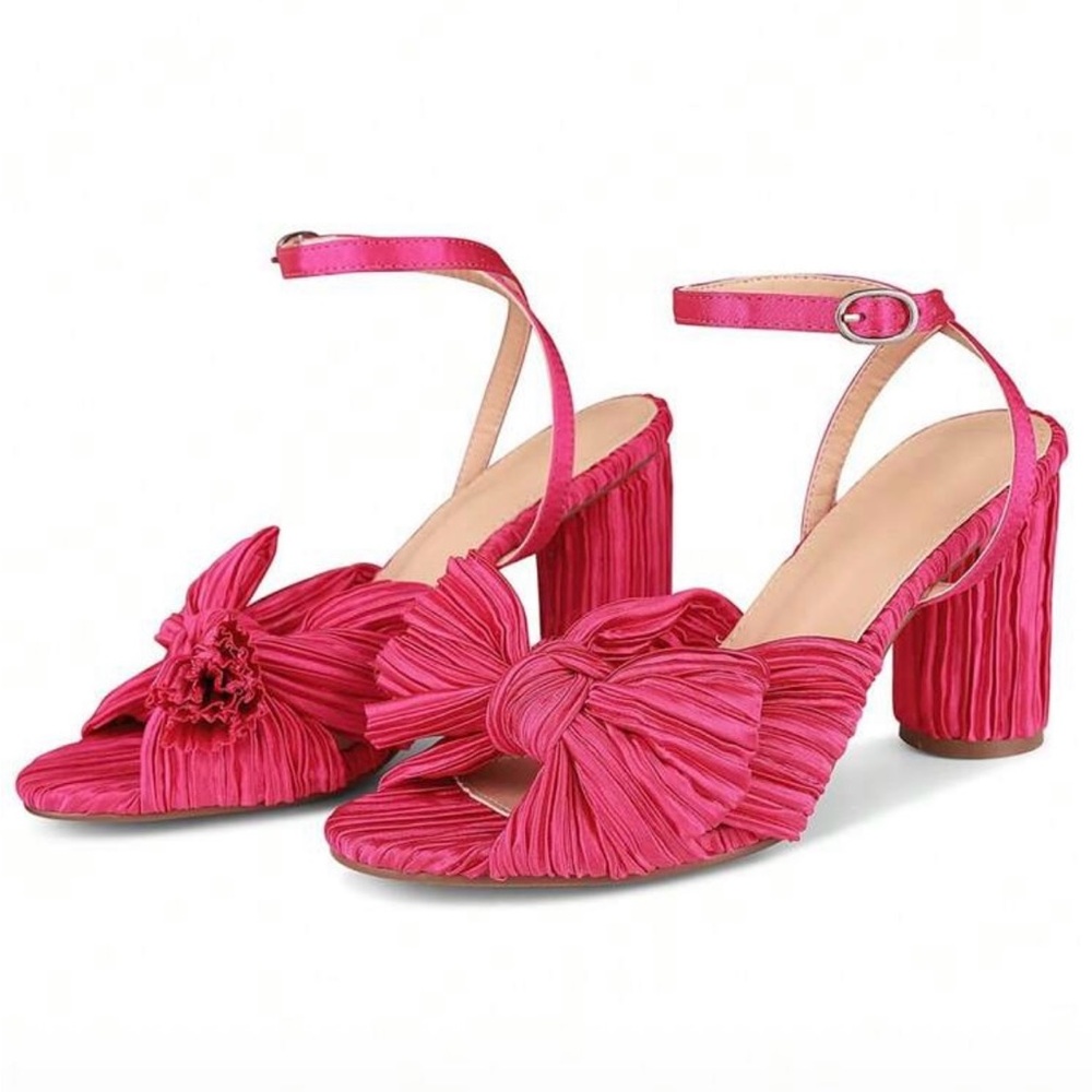 Pink Bow Knot Pleated Chunky High
Heel